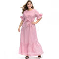 Short Sleeve Pink Ruffled Plus Size Maxi Dress